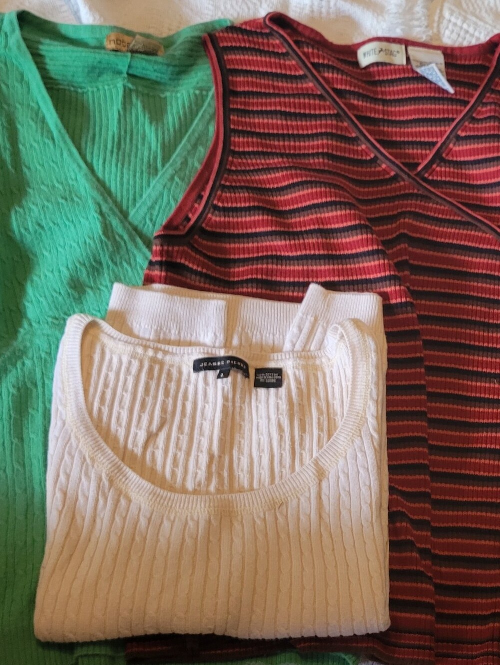 Bundle Sleeveless Knit Tanks/ Tunics, Green V-Neck, Red Striped Cream Bundle